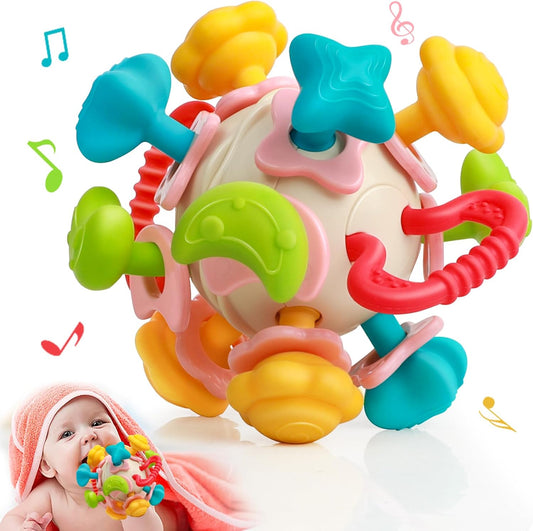 Anneau Dentition Hochet Bebe 0-3 Mois, Jouet Bebe 6 Mois, Balle Sensorielle Bebe Avec Secouer/Claquer/Rotation, Jouet Bebe 4 8 9 12 Mois, Cadeau Naissance Fille Enfant Et Garçon